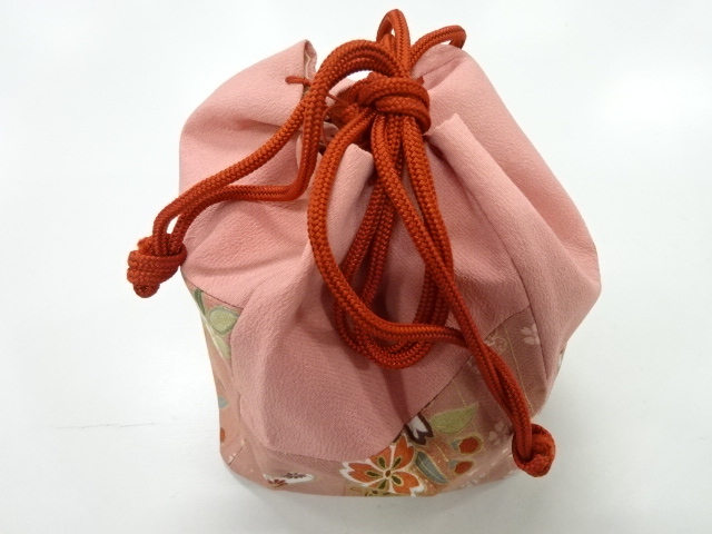 JAPANESE KIMONO / VINTAGE DRAWSTRING BAG / FLORAL PLANTS & BUTTERFLY / KIRIBAME